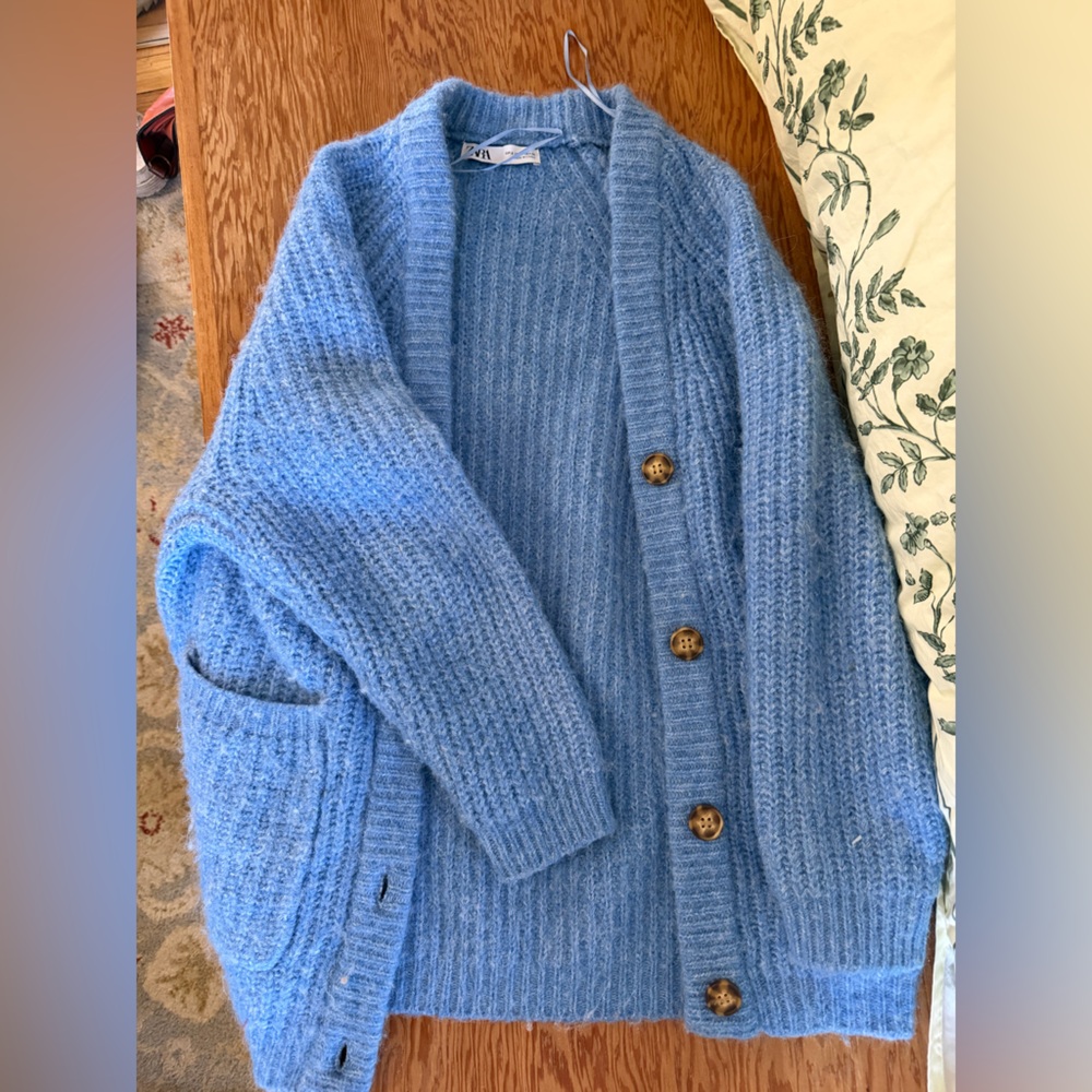 Zara Light Blue Knit Button-Front Cardigan